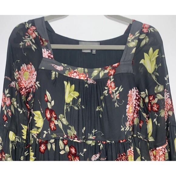 ANTHROPOLOGIE Evelin XS Maxi Dress Green Floral Boho Ruffle Tiered Chiffon - Picture 3 of 12